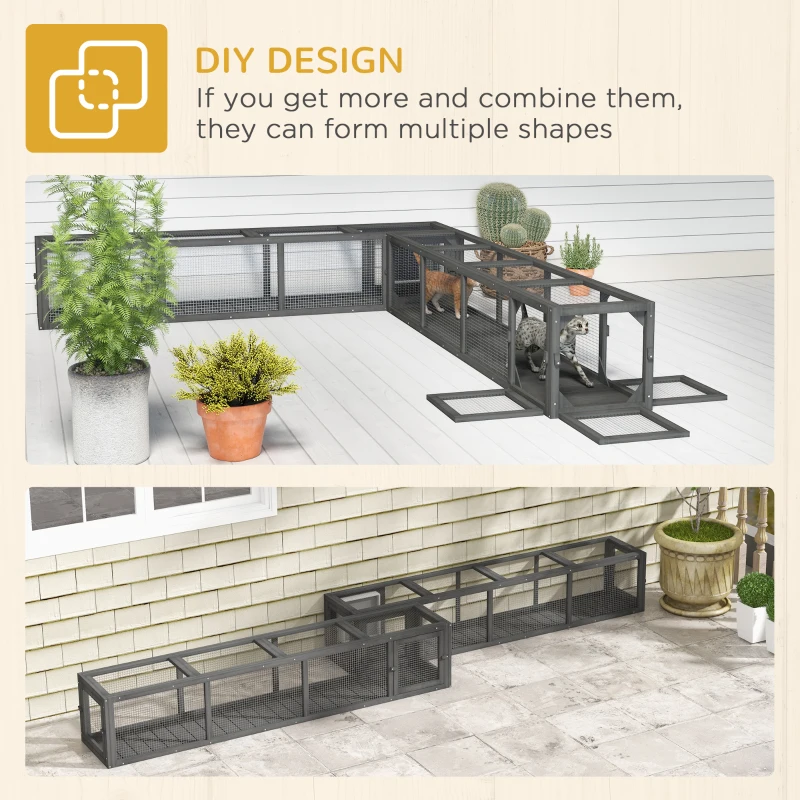 PawHut Wooden Cat Run with Weather Protection, Connecting Inside and Outside, 79"L x 15"W x 15"H, Dark Gray