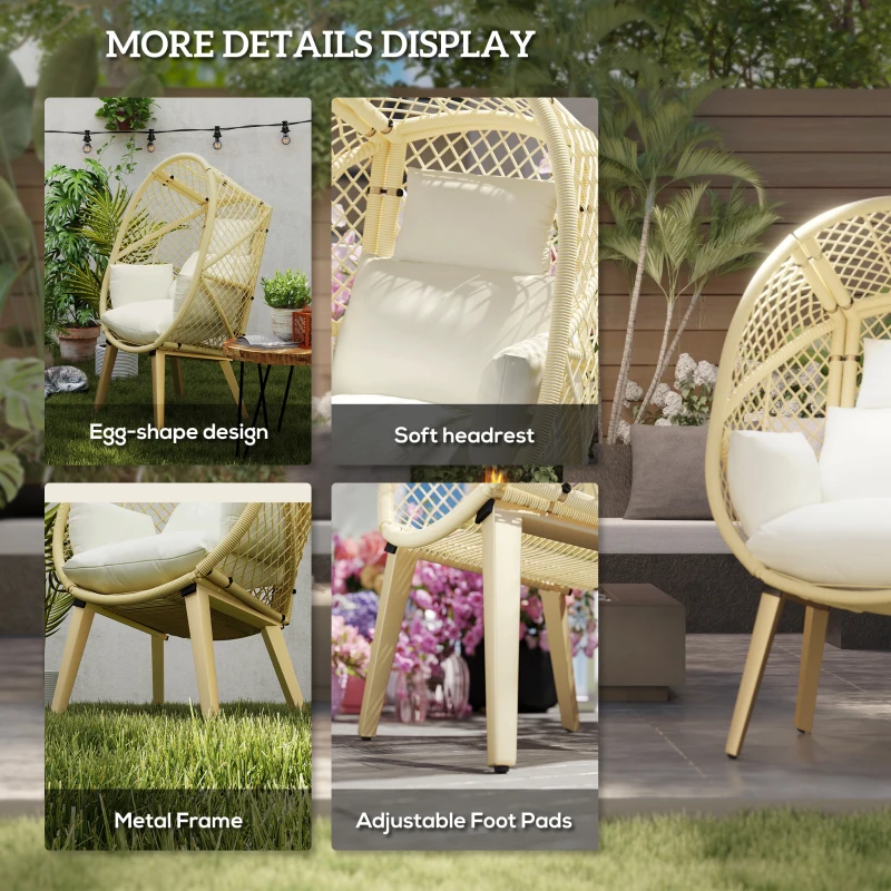 Outsunny PE Rattan Egg Chair, Patio Leisure Chair, Outdoor Furniture w/ Cushion, 34.6" x 33.5" x 56.3", Cream White