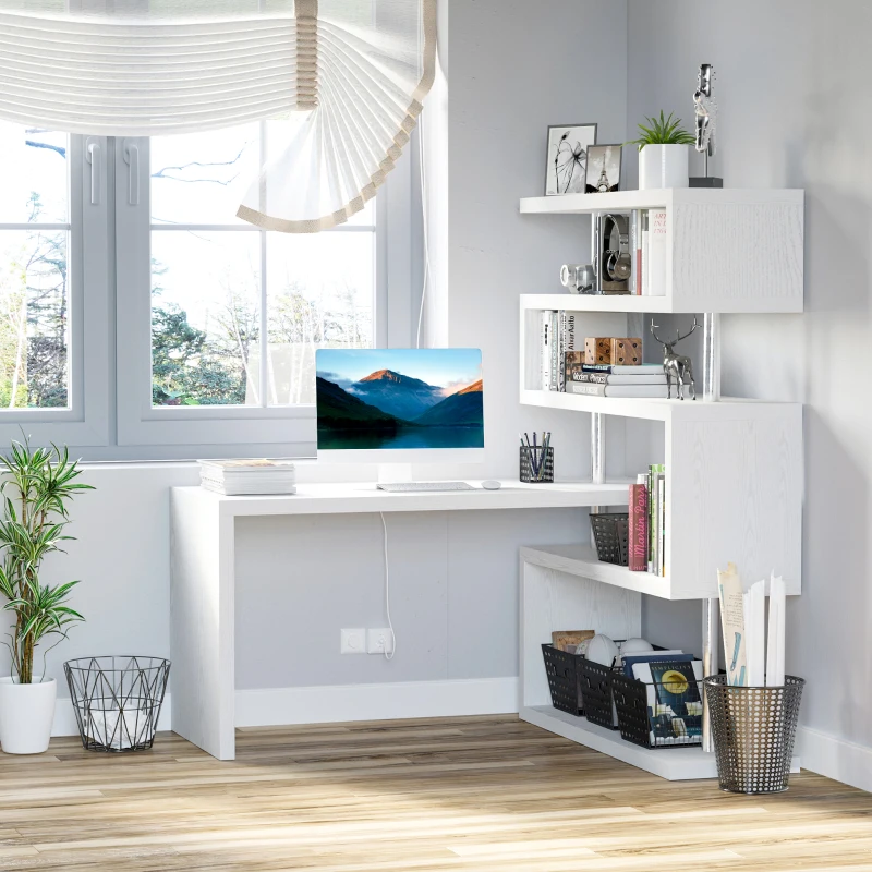 HOMCOM 94" 5 Tier L-Shaped Computer Desk Rotating Writing Table Corner Desk with Display Shelves and Stainless Steel Frame, White