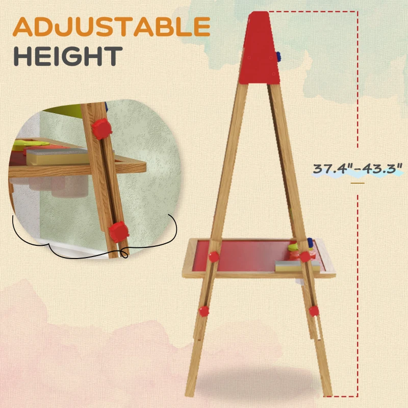 Qaba 3 in 1 Easel for Kids with Paper Roll, Whiteboard, Chalkboard, Double Sided & Adjustable Height, Nature Wood