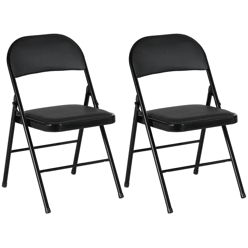 HOMCOM Set of 2 Metal Foldable Chairs, PU Leather Padded Folding Chairs with Cushion Seat and Open Back for Indoor, Black