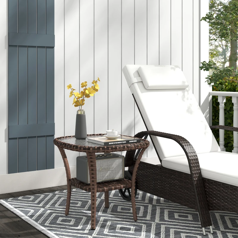 Outsunny Outdoor Coffee Table with Storage Shelf, Hand-Woven Wicker Side Table with Water-Ripple Glass Top, Mix Brown