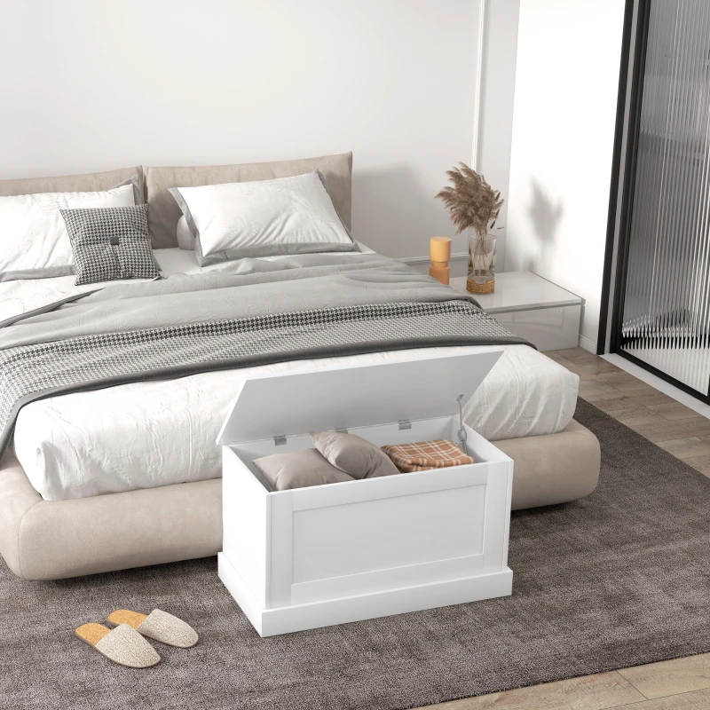 HOMCOM 31.5 Inches Storage Chest, Storage Trunk with Safety Hinge, Wooden Box for Living Room, White Wood Grain