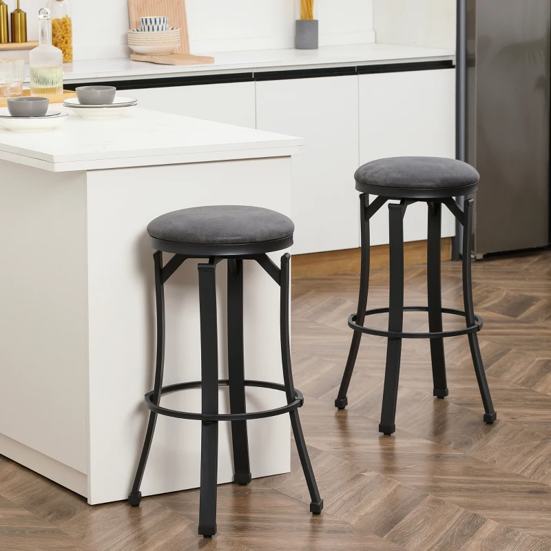 HOMCOM Bar Stools Set of 2, Vintage Barstools with Footrest and Microfiber Cloth, 29 Inch Bar Height Stool with Powder-Coated Steel Legs for Kitchen and Dining Room, Brown