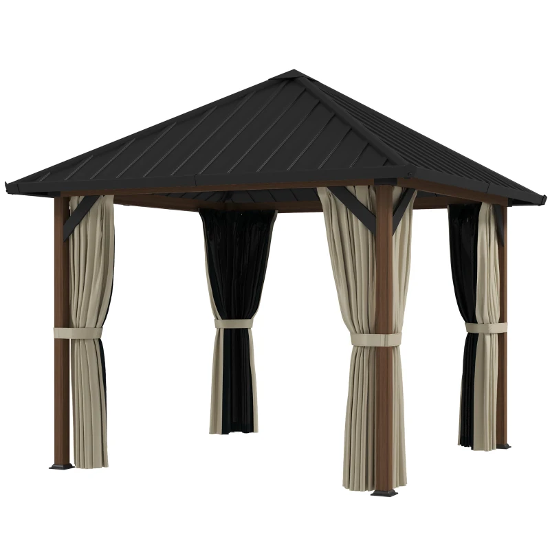 Outsunny 10' x 10' Hardtop Gazebo with Galvanized Steel Roof, Permanent Garden Gazebo with Netting and Curtains