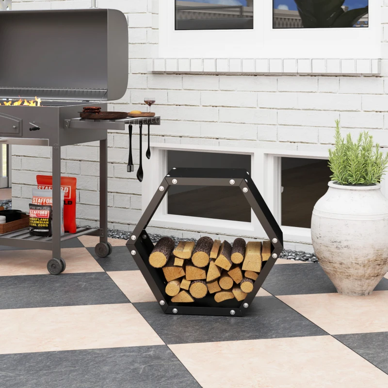 Outsunny Hexagon Firewood Log Rack Heavy-Duty Steel Log Holder for Outdoor Indoor Use, 25.6" x 14.6" x 22.4", Black
