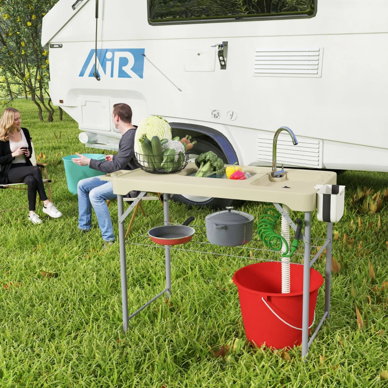 Outsunny Folding Fish Cleaning Table with Sinks, Portable Camping Sink Table with Faucet, Drainage Hose, Sprayer, Shelf, Drawer and Storage Basket, Outdoor Fillet Table for Picnic Beach Patio, Tan