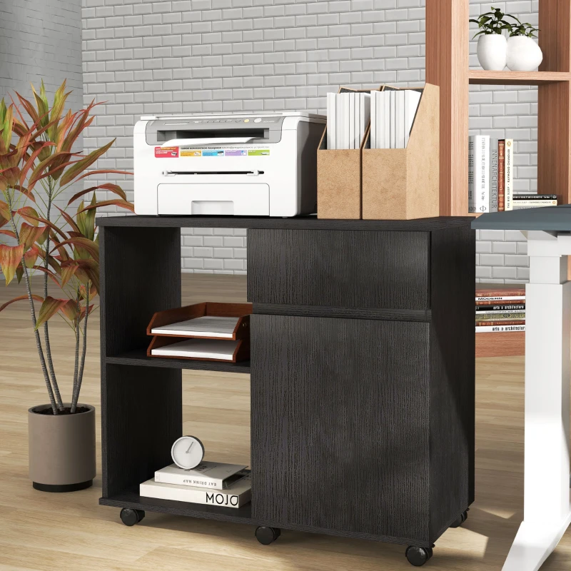 HOMCOM Filing Cabinet, Mobile Printer Stand with Open Storage Shelves, Drawer and Cabinet for Home Office, Black