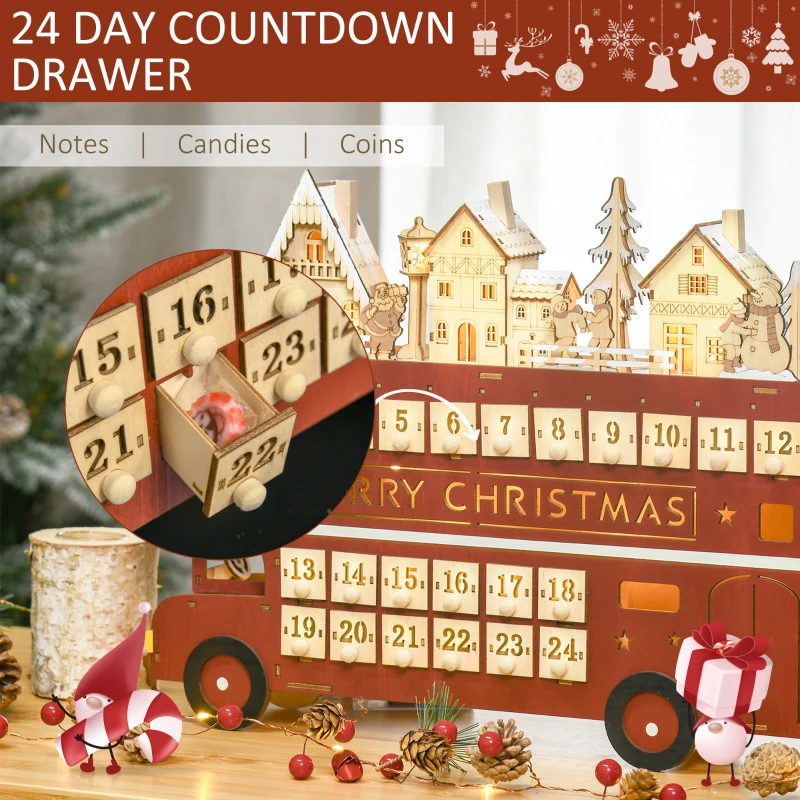 HOMCOM Christmas Advent Calendar, Light Up Table Xmas Wooden Bus Holiday Decoration with Countdown Drawer, Santa Claus Street House, for Kids and Adults