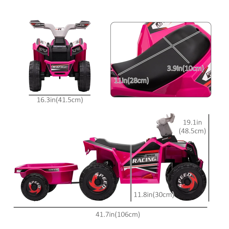 Aosom 6V Electric Toy Car with Back Trailer, Forward Backward, Wear-Resistant Wheels for Ages 18-36 Months, Pink