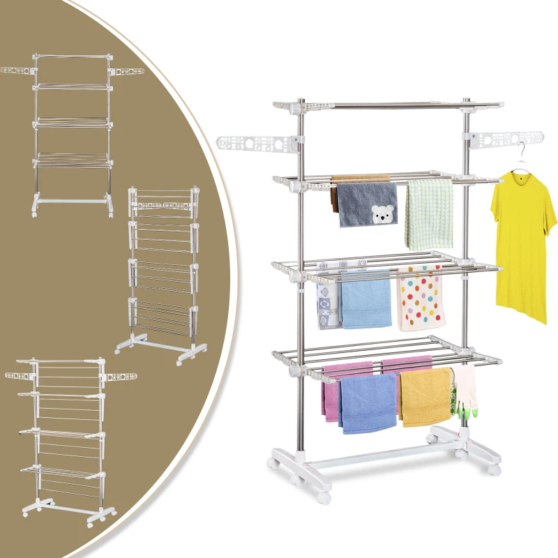 HOMCOM Garment Drying Rack Stainless Steel Folding Clothes Hanging Rack with Side Wings Castors for Indoor Outdoor White