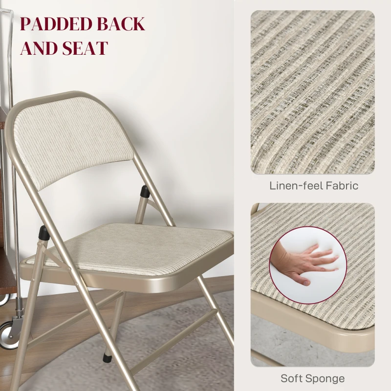 HOMCOM Set of 4 Metal Foldable Chairs, Linen Fabric Padded Folding Chairs with Cushion Seat and Open Back for Indoor, Beige