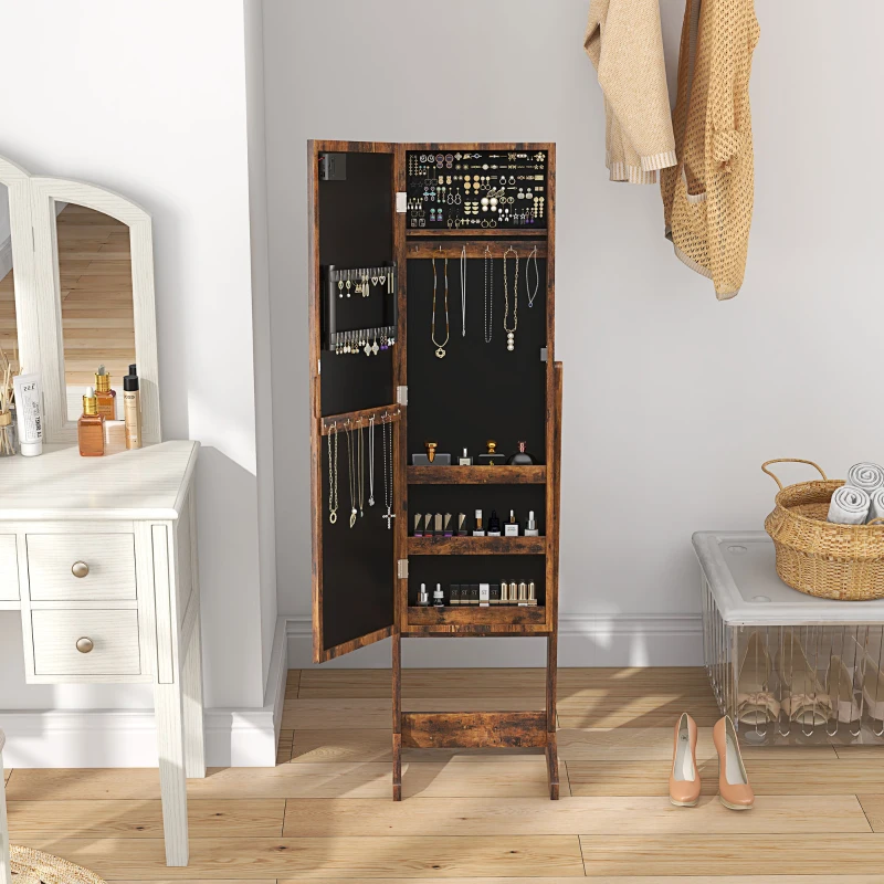 HOMCOM Free Standing Armoire Organizer, Lighted Mirrored Jewelry Cabinet w/ Angle Adjustable & 16 LED Lights Rustic Brown