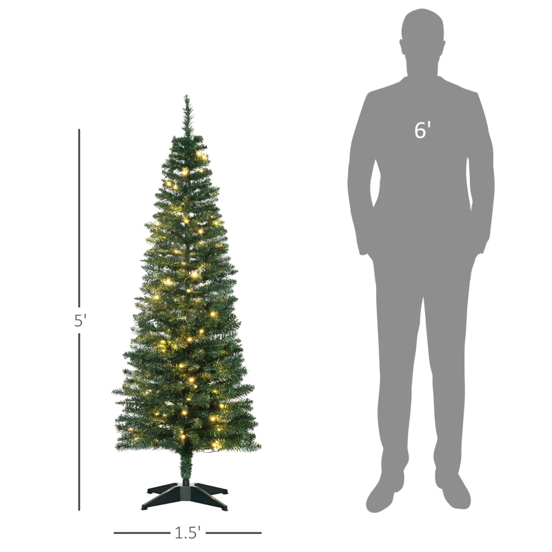 HOMCOM 5' Tall Pre-Lit Slim Noble Fir Artificial Pencil Christmas Tree with Realistic Branches, 110 Warm White LED Lights and 294 Tips, Green