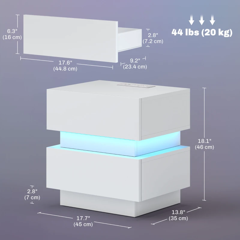 HOMCOM Bedside Table with Charging Station and LED Light Modern Nightstand with USB Ports AC Outlets Drawers Remote, White