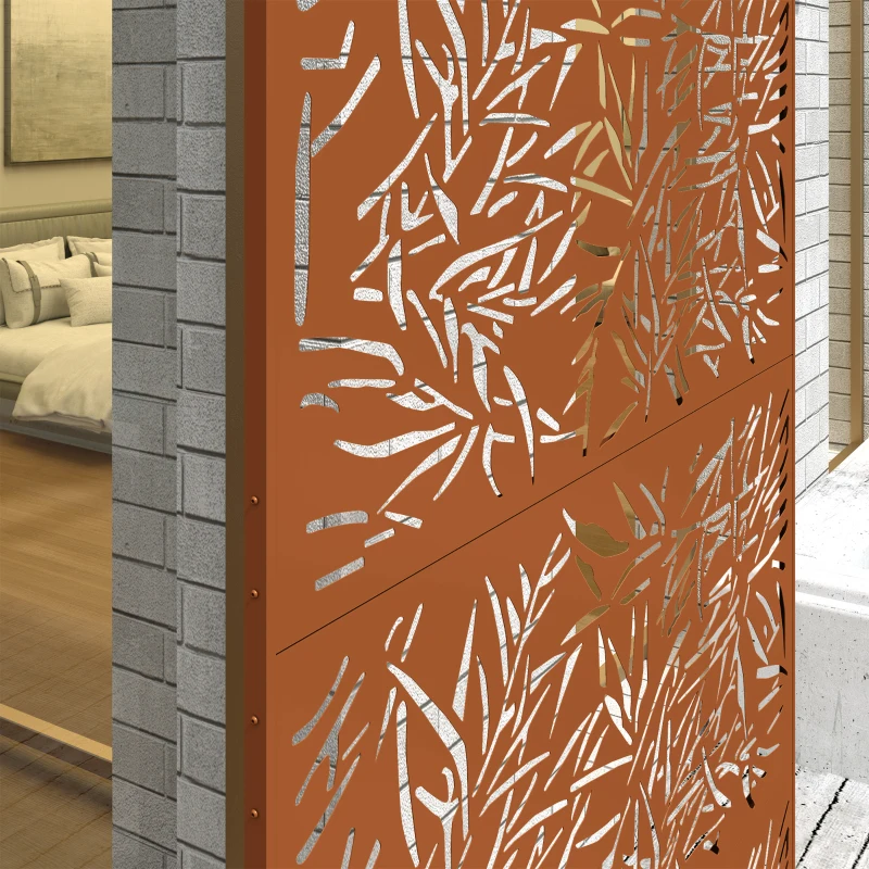 Outsunny Decorative Privacy Fence Screen, Metal Outdoor Privacy Screen Climbing Plant Trellis with Stand, Bamboo Brown