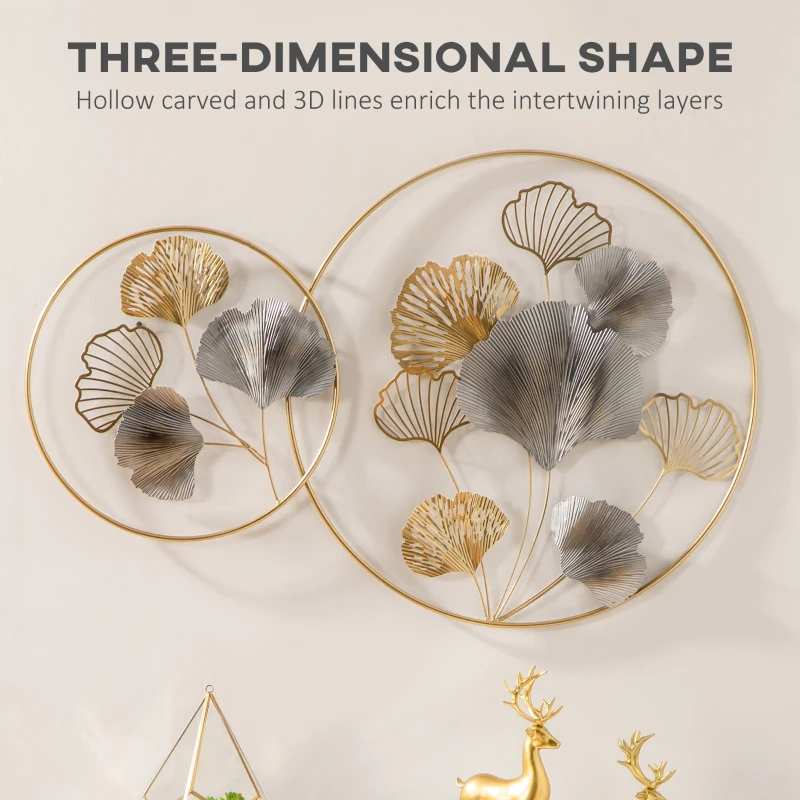 HOMCOM 3D Metal Wall Art Modern Ginkgo Leaves Hanging Wall Sculptures Home Decor for Living Room Bedroom Dining Room, 40" x 26", Gold