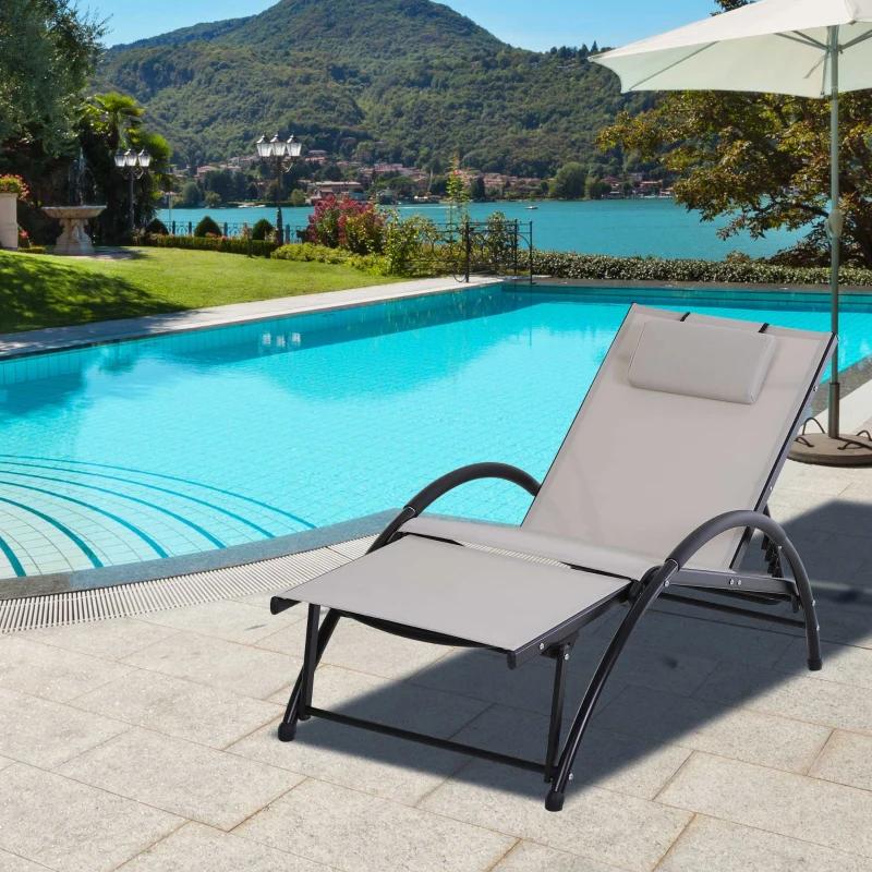 Outsunny Outdoor Lounge Chair with Breathable Mesh Fabric Seat, 5-Level Adjustable Reclining Chair with Aluminum Frame, Headrest Pillow, Adjustable Footrest, Beige