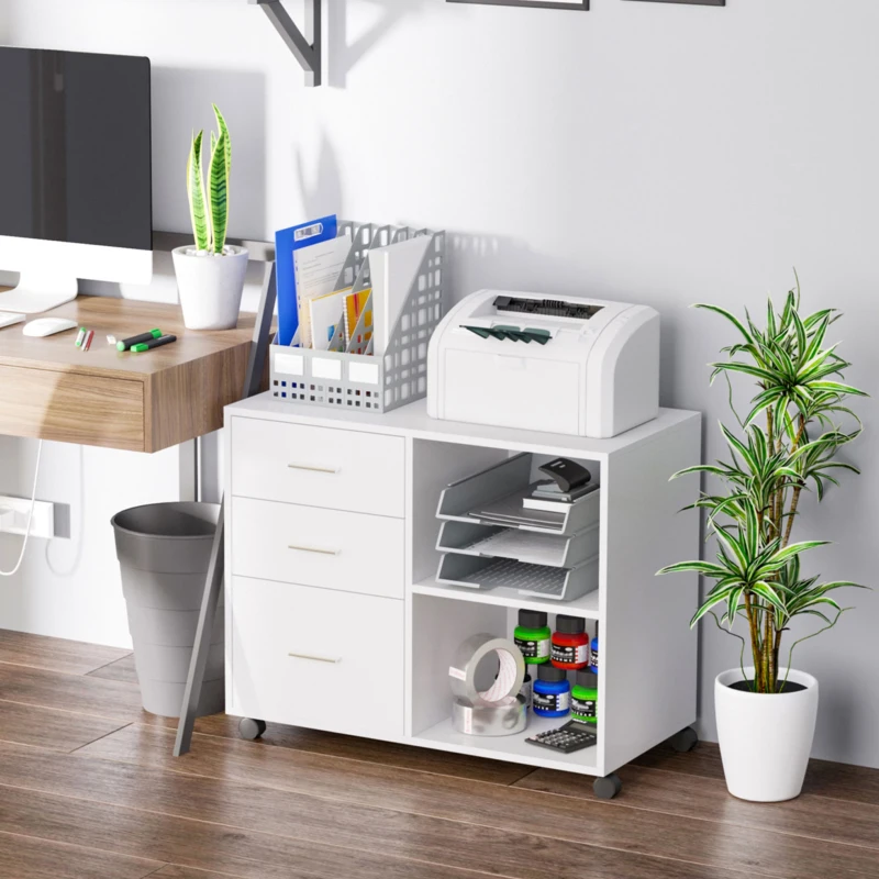 HOMCOM Modern Lateral Filing Cabinet, 3 Drawer File Cabinet for Letter and A4 Size Documents, Mobile, Printer Stand with Open Shelves, Rolling Wheels, White