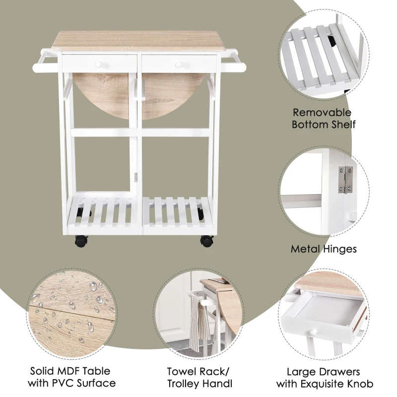 HOMCOM Kitchen Trolley 3 Piece Kitchen Cart Set Drop Leaf Breakfast Table and 2 Stools w/ Rolling Wheels & Towel Bars, Wood & White