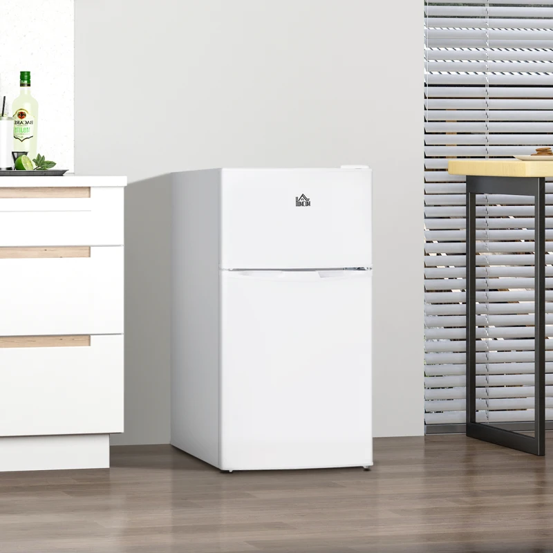 HOMCOM 3.2 Cu.Ft Mini Fridge with Freezer, Double Door Compact Refrigerator with Adjustable Thermostat, Shelf and Reversible Door for Bedroom, Dorm, Home Office, Energy Efficient, White