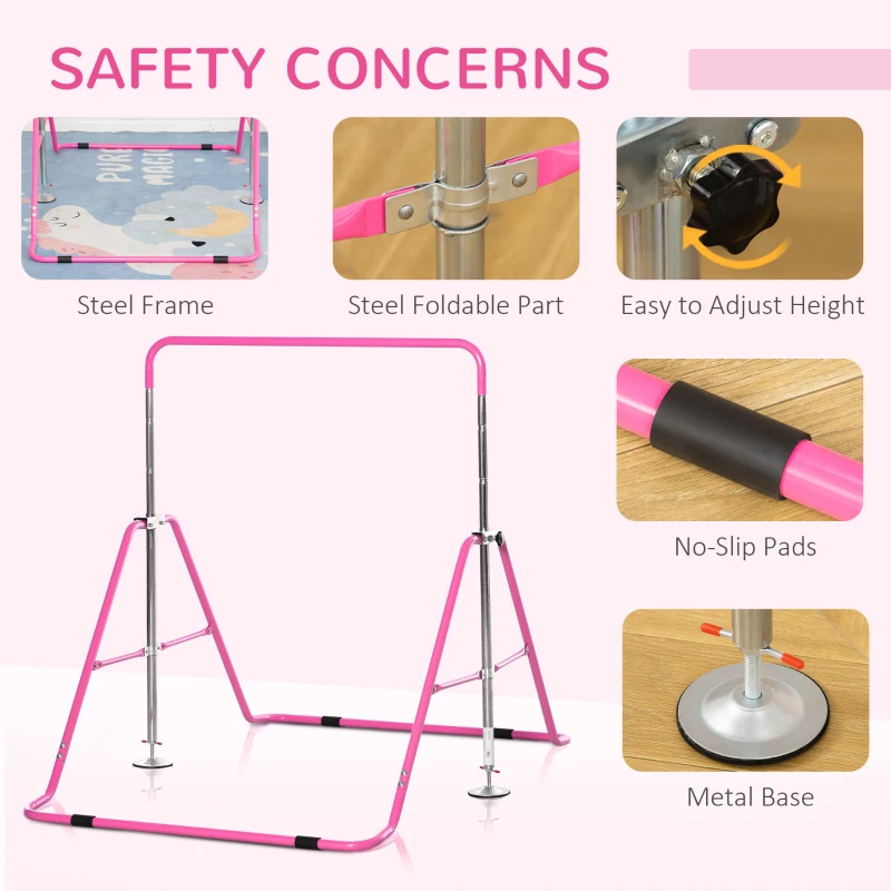 Qaba Folding Gymnastics Bar for Kids with Shock Absorption, Adjustable Gymnastics Horizontal Bar, Gymnastics Kip Bar for Home Use, Pink