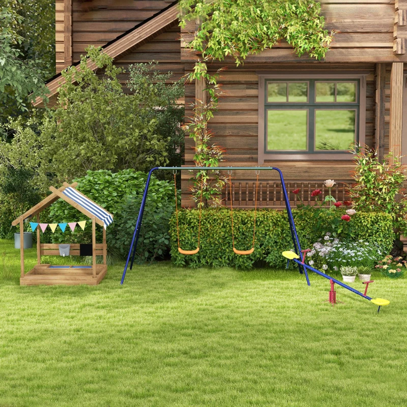 Outsunny Wooden Sandbox with Canopy, House Design for 3-7 Years Old, Brown