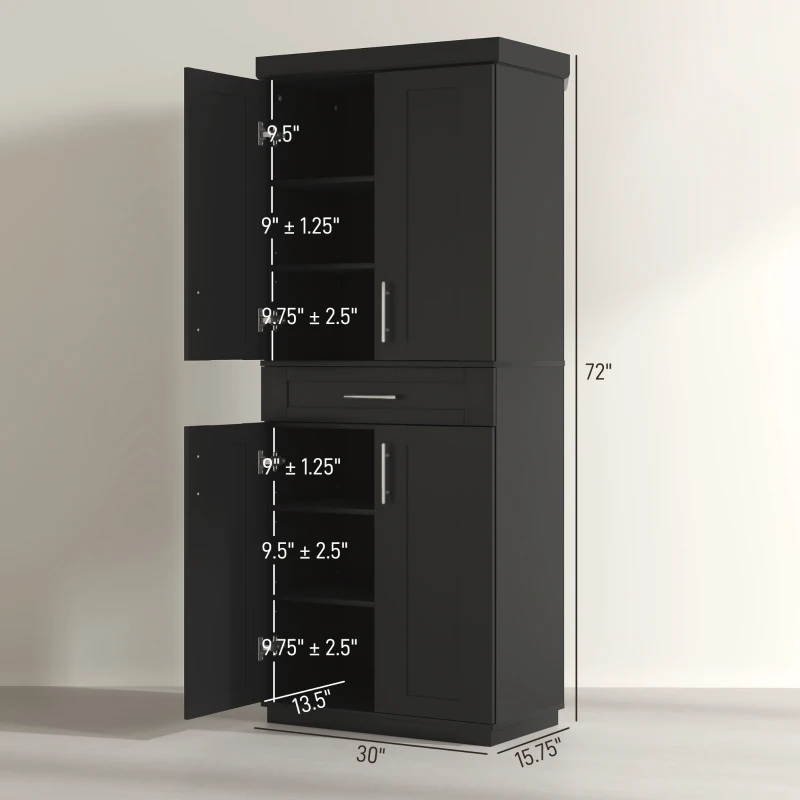 HOMCOM Modern Kitchen Pantry Freestanding Cabinet Cupboard with Doors and Drawer, Adjustable Shelving, Black