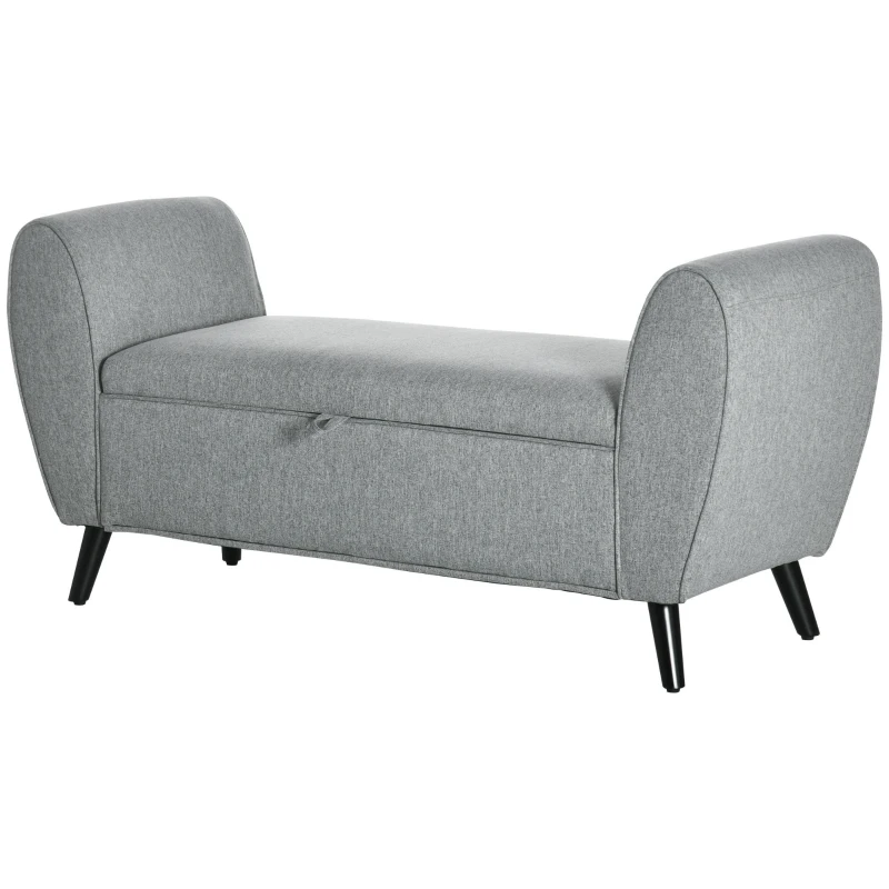 HOMCOM Modern Upholstered Storage Bench with Arms, Linen-Feel Fabric Ottoman Bench for Bedroom Entryway Living Room, Light Gray