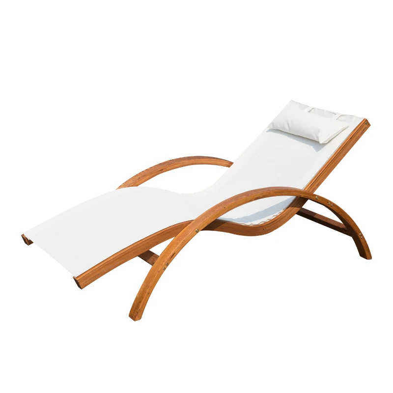 Outsunny Outdoor Wood Sling Chaise Lounge Reclining Garden Mesh Lounger Patio Chair with Headrest Cream