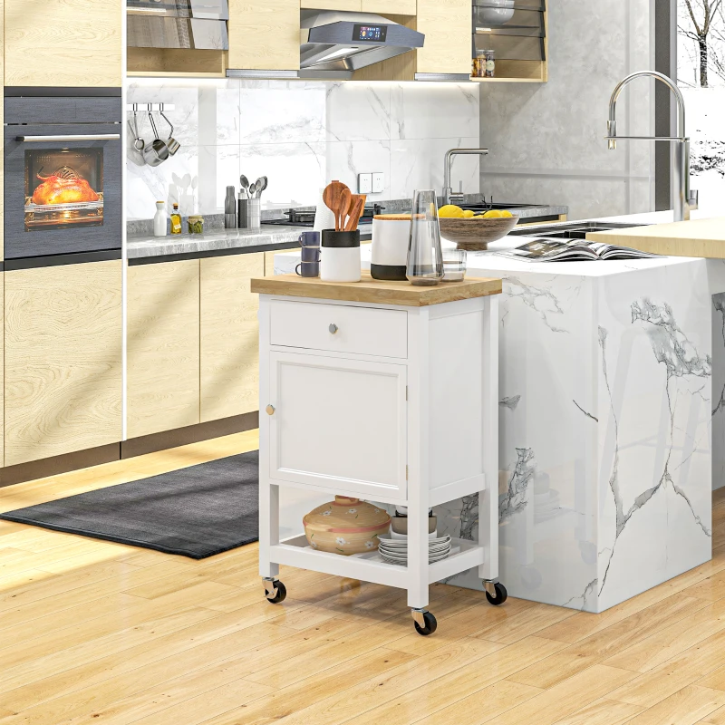 HOMCOM Kitchen Island on Wheels, Rolling Kitchen Cart with Rubberwood Top, Drawer, Wine Rack and Cabinet, White