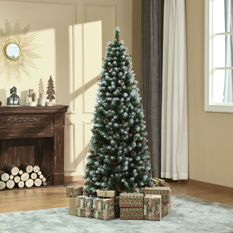 HOMCOM 6ft Decorated Christmas Tree with Red Berries and Pine Cones, Flocked Christmas Tree with Pencil Shape, Green