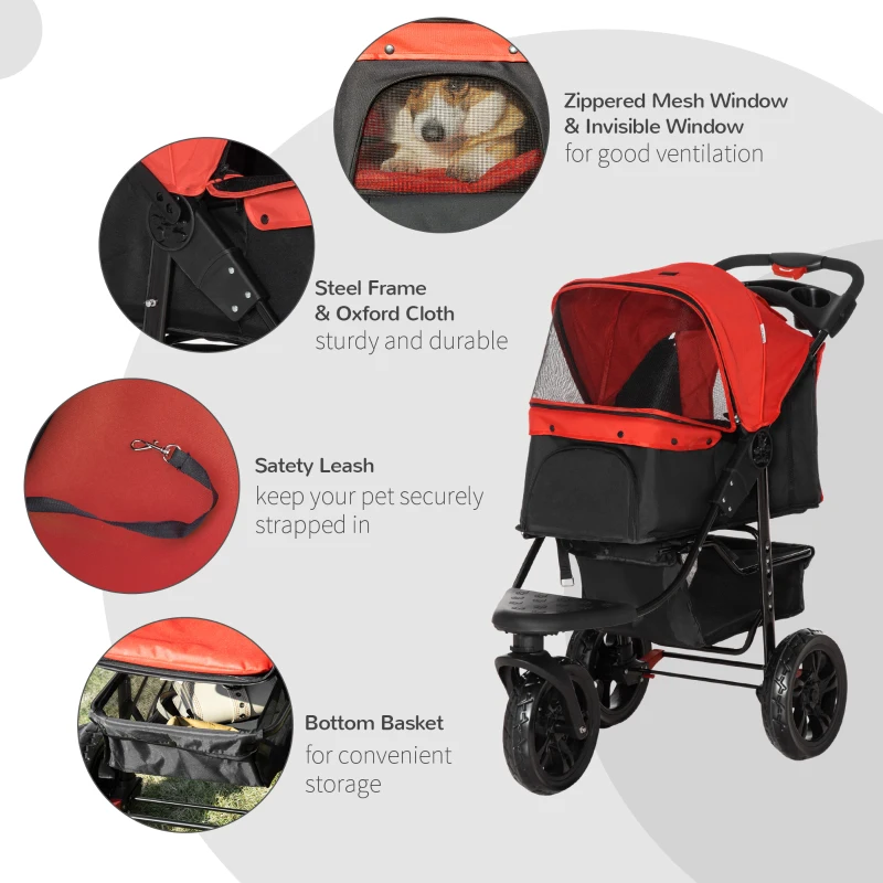 PawHut 3 Wheel Folding Dog Stroller, Travel Carrier with Adjustable Canopy, Storage Brake, Mesh Window for S&M Dogs, Red