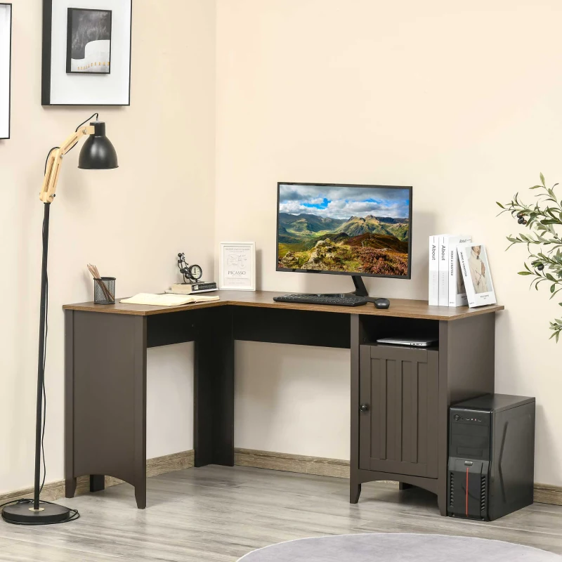 HOMCOM L-Shaped Computer Desk with Open Shelf and Storage Cabinet, Corner Writing Desk with Adjustable Shelf, Coffee