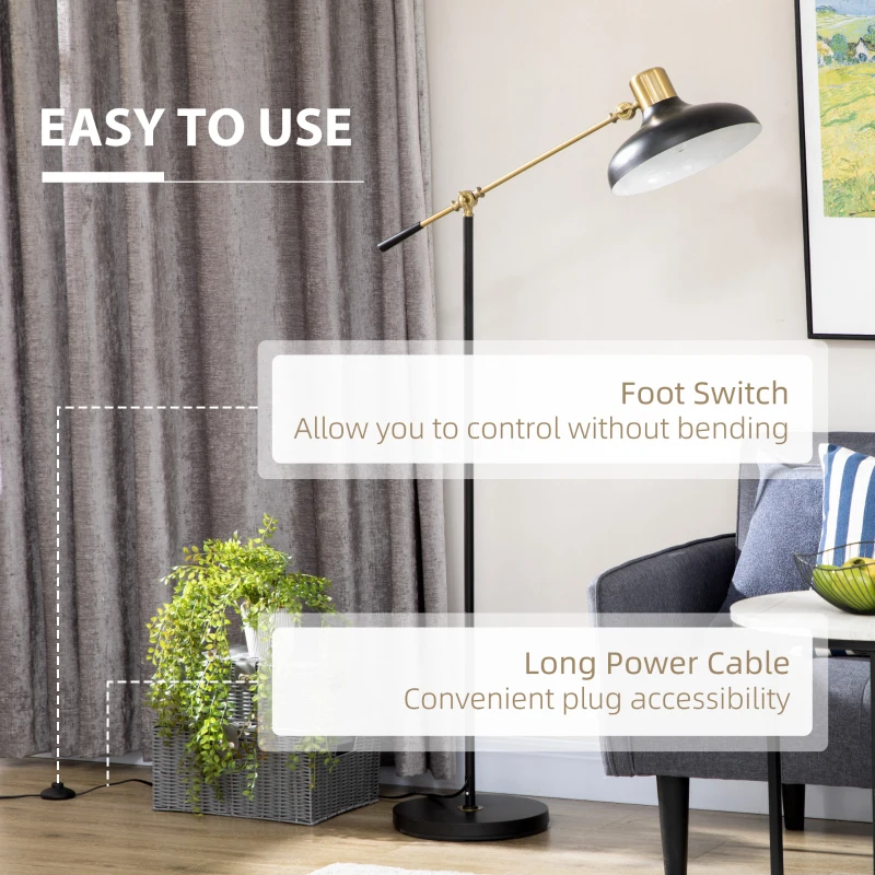HOMCOM Adjustable Floor Lamps for Living Room, Standing Lamp for Bedroom with Balance Arm, Tall Black and Gold Lamp