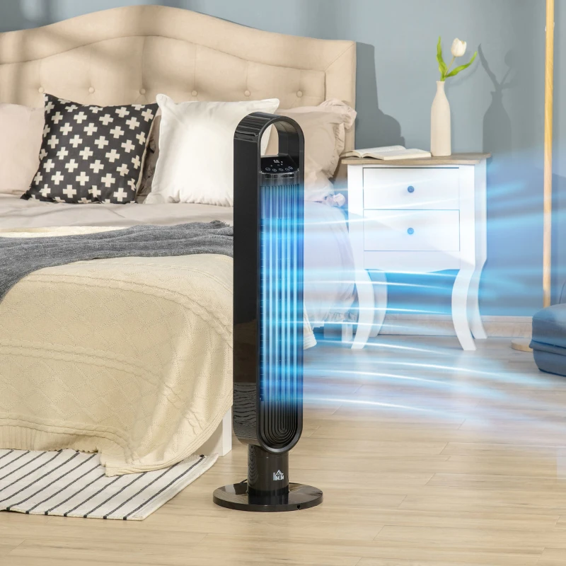 HOMCOM 39 Inch Tower Fan for Bedroom Cooling, 80°Oscillating Fan with 3 Speeds, 12H Timer, Handle and Remote Control, Standing Floor Fan for Home Office, White