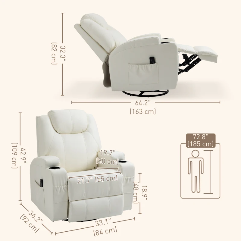 HOMCOM Massage Recliner Chair, Swivel Nursery Rocker Chair, Manual Reclining Sofa with 8 Vibration Points, PU Leather, Cup Holders, Side Pockets, for Living Room, Cream White