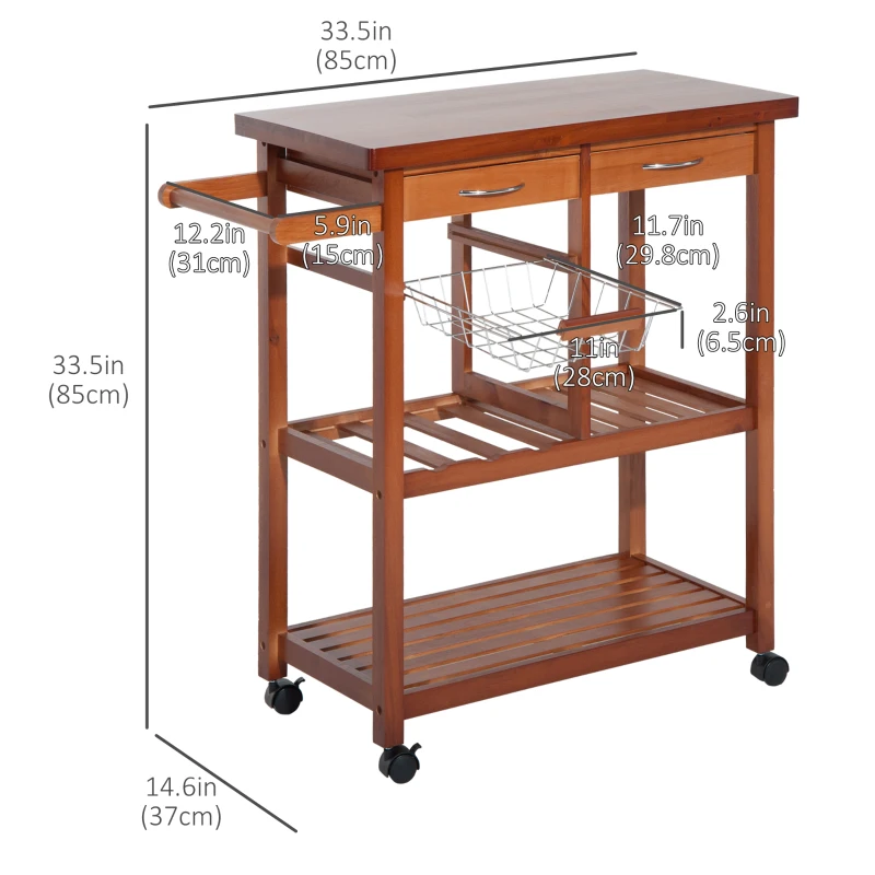 HOMCOM Wooden Kitchen Trolley Cart Basket Drawer Dining Storage w/Roller Holder Wood