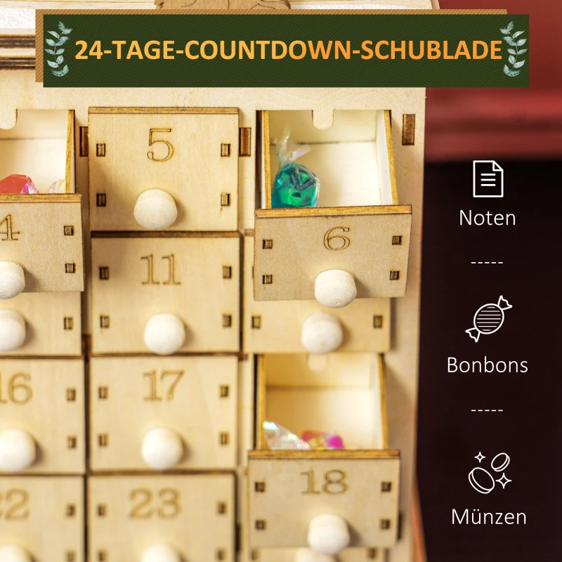 HOMCOM Wooden Christmas Advent Calendar with 24 Countdown Drawers and LED Lights for Kids and Adults, Battery Operated