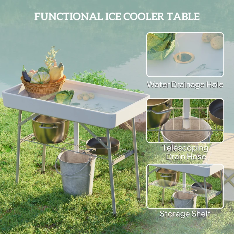 Outsunny 3.4ft Folding Ice Cooler Table with Drain, Fill and Chill Table Outdoor Table Cooler with Storage Shelf, Drink Cooler for Parties Picnic BBQ Camping Wedding, White