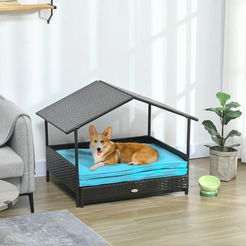 PawHut Outdoor Dog House Extendable Wicker Dog Bed with Soft Cushion Washable Cover, for Small and Medium Dogs, Blue