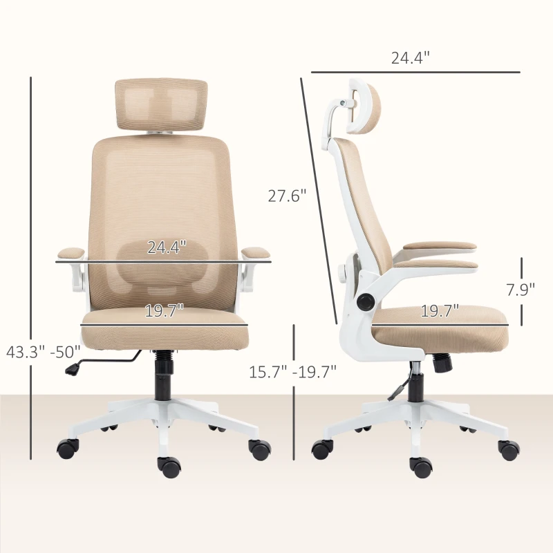 HOMCOM Mesh Office Chair, Ergonomic Desk Chair with Flip-up Armrest, Rotatable Headrest, Adjustable Lumbar Support, Khaki