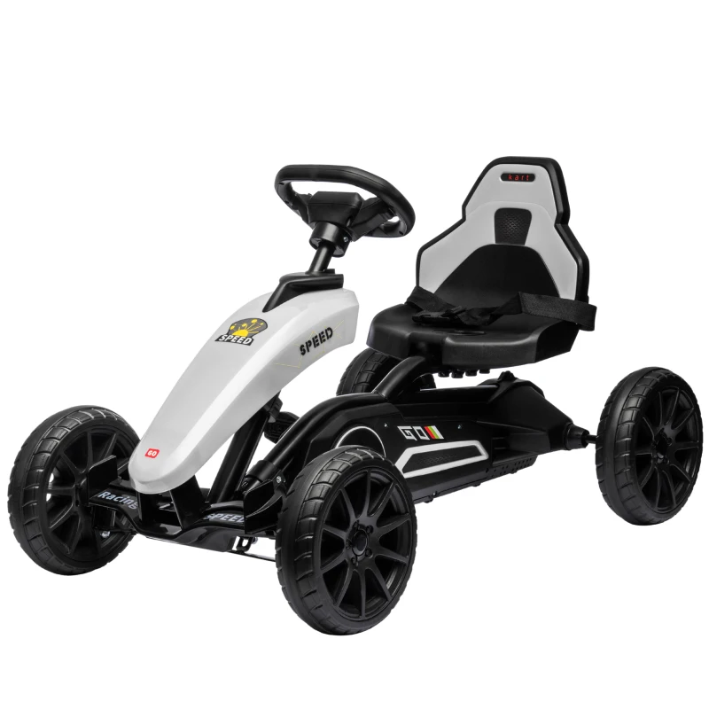 Aosom Pedal Go Kart for Kids, Pedal Car with Swing Axle, Adjustable Bucket, Handbrake, 4 EVA Wheels Powered Ride, Indoor Foot Racer, for 3-8 Years Old, White