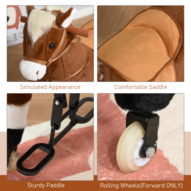 Qaba Kids Rocking Horse Walking Horse with Wheels, Large Size Moving Hobby Horse Ride on Toy Gift for Children 5-16 Years