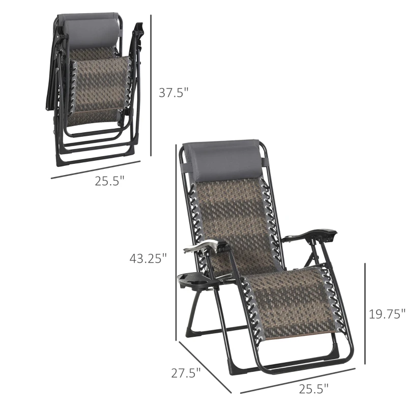 Outsunny Wicker Folding Lounge Chair with Adjustable Backrest, Rattan Recliner Chair with Headrest & Side Table Tray, Grey