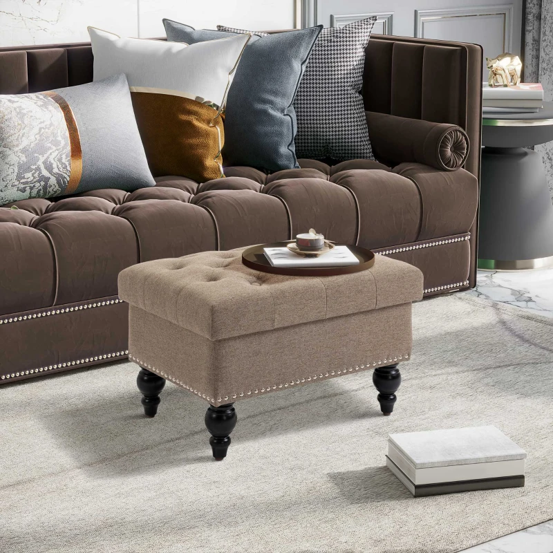HOMCOM Ottoman with Storage for Living Room, 25" Storage Ottoman with Removable Lid, Button-Tufted Fabric Bench for Footrest and Seat with Wood Legs, Brown