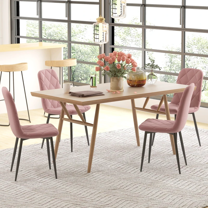 HOMCOM Dining Chairs Set of 4, Upholstered Dining Room Chairs with Steel Legs, Modern Kitchen Chair for Dining Room, Pink