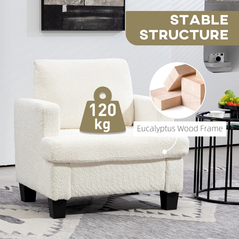 HOMCOM Modern Armchair, Upholstered Chenille Accent Chair with Wood Frame and Back Pillow for Living Room, Cream White