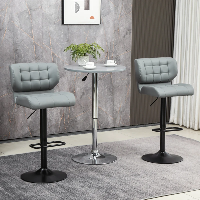HOMCOM Swivel PU Leather Barstools Set of 2 Adjustable Bar Stools with Footrest Back for Kitchen Counter Dining Room Grey