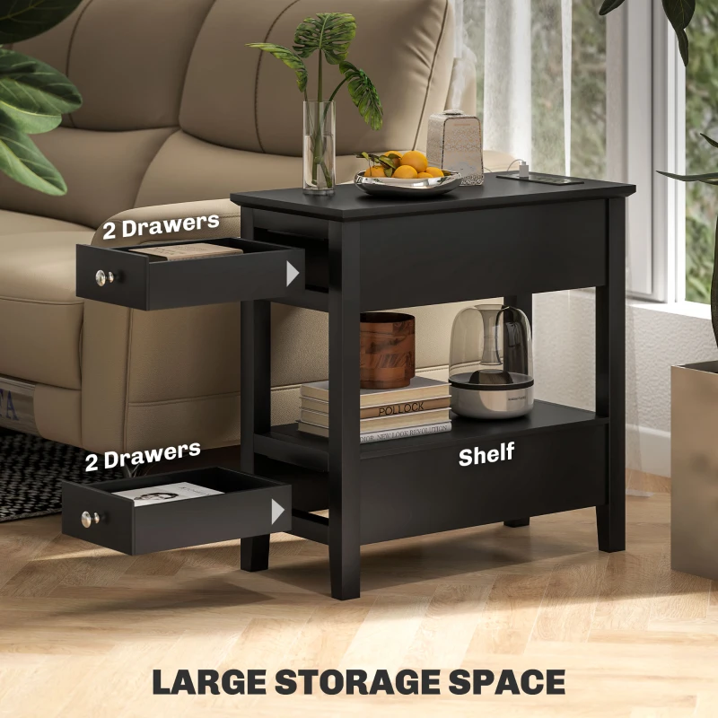 HOMCOM Narrow Side Table with Charging Station, USB Ports, Modern End Table with Storage Shelf, Drawers for Living Room, Black